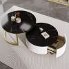 Modern Round Nesting Coffee Tables in Black, Gold & White with Fluted Base Design and 1 Built-In Drawer