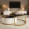 Modern Round Nesting Coffee Tables in Black, Gold & White with Fluted Base Design and 1 Built-In Drawer
