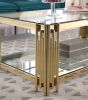 Ellen Gold Coffee Table with Clear Tempered Glass Top & Bottom Shelf and Irregular Cylindrical Stainless Steel Pipe Legs