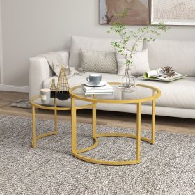 Set of 2, Round Nesting Tables with Clear Tempered Glass Top and Gold Steel Frame