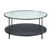 2-Piece Modern Coffee Table Set, 1 Coffee Table & 1 End Table with Tempered Glass Top, Open Bottom Shelf and Black Metal Finish