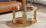 Modern Gold Metal Coffee Table with Brown Tempered Glass Top & Bottom, Asymmetrical Tubing, Circular Drum Base, and Open Bottom Shelf