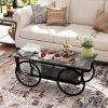 Black Rectangle Coffee Table with Wheel Design Base and Open Bottom Shelf