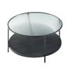 2-Piece Modern Coffee Table Set, 1 Coffee Table & 1 End Table with Tempered Glass Top, Open Bottom Shelf and Black Metal Finish