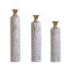 Set of 3, Handcrafted Cylindrical Metal Decorative Floor Vases with Polished & Hammered Gold Finish, and Embossed Body Pattern