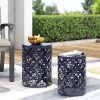 Set of 2, Blue Metal Side End Tables with Iron Cut Design and Cylindrical Structure