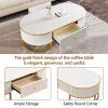 Modern Oval Coffee Table with Drawers, Curved Profile Design, Gold Metal Accents and 47.2"