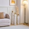 Set of 3, Handcrafted Cylindrical Metal Decorative Floor Vases with Polished & Hammered Gold Finish, and Embossed Body Pattern