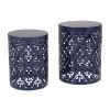Set of 2, Blue Metal Side End Tables with Iron Cut Design and Cylindrical Structure