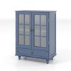 Minimalist Wooden Blue Buffet Sideboard Cabinet with Double Tempered Glass Doors, Adjustable Middle Shelf and Bottom Drawer