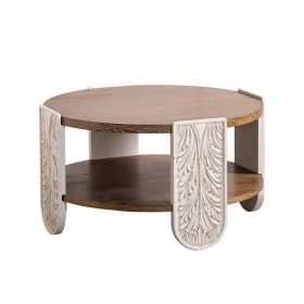 Palace Style Hand-Carved Wooden Coffee Table with Double Layer Storage