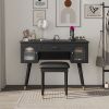 Elegant Black Vanity Makeup Table & Chair Set with 1 Drawer, 2 Begonia Glass Cabinet Doors, Writing Desk, and Charging Port Station