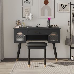 Elegant Black Vanity Makeup Table & Chair Set with 1 Drawer, 2 Begonia Glass Cabinet Doors, Writing Desk, and Charging Port Station