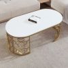 47.2" Modern Oval Coffee Table with Cut-Out Pattern Gold Metal Stainless Steel Frame and Smooth White Tabletop