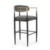 Set of 2, Gray Bar Stools with Black Iron Toothpick Style Leg Design, Gold Armrests, Iron Footrest & Curved Backrest