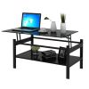 Glass Lift Top Coffee Table with 2 Tiers, Black Tempered Glass, and Open Bottom Shelf