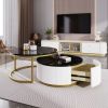 Modern Round Nesting Coffee Tables in Black, Gold & White with Fluted Base Design and 1 Built-In Drawer