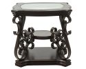 Square Beveled Glass Top End Table with Serpentine Metal Legs Attached to Marble Paper Top Middle Shelf