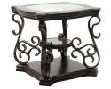 Square Beveled Glass Top End Table with Serpentine Metal Legs Attached to Marble Paper Top Middle Shelf