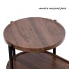 Walnut Brown 2 Tier Small Coffee Table, Round Top, Oval Bottom Wood Storage Shelf and X Shaped Metal Legs