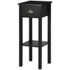 2 Tier Black Slim Side Nightstand Table with Top Drawer and Open Bottom Shelf