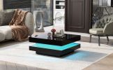 High Gloss Minimalist Design Black Square Coffee Table with 2 Tiers and Built-In LED Lights