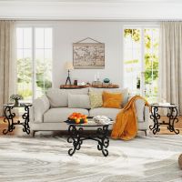 3 Piece Coffee Table Set, 1 Coffee Table, 2 End Tables with Clear Tempered Glass, Unique Rustic Black Metal Legs Design and Protective Foot Pads