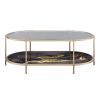Fiorella Black & Gold Marble Print Coffee Table with Tempered Glass, Champagne Finish and Oval Shape