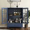 Minimalist Wooden Blue Buffet Sideboard Cabinet with Double Tempered Glass Doors, Adjustable Middle Shelf and Bottom Drawer