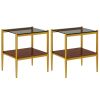 Set of 3, Coffee Table and 2 End Tables with Gray Tempered Glass, Open Bottom Shelves and Gold Legs