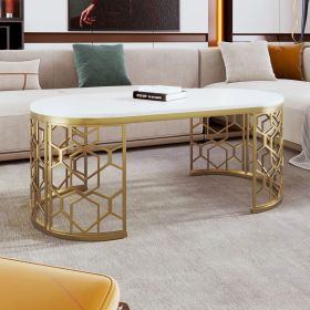 47.2" Modern Oval Coffee Table with Cut-Out Pattern Gold Metal Stainless Steel Frame and Smooth White Tabletop