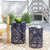 Set of 2, Blue Metal Side End Tables with Iron Cut Design and Cylindrical Structure