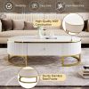 Modern Oval Coffee Table with Drawers, Curved Profile Design, Gold Metal Accents and 47.2"