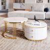 Modern 2 Piece White Round Nesting Coffee Table with 2 Drawers and Electroplated Gold Legs