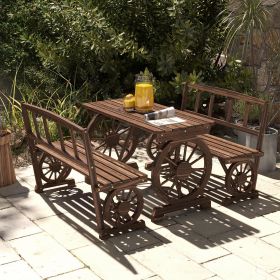 4-Person Carbonized Patio Dining Set with Carriage Wagon Wheel Design