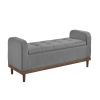 Mid-Century Modern Lift Top Storage Ottoman Bench, with Gray Tufted Upholstered Fabric and Solid Walnut Wood Finish