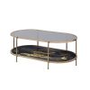 Fiorella Black & Gold Marble Print Coffee Table with Tempered Glass, Champagne Finish and Oval Shape