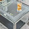 39.5" Silver Crystal Mirrored Coffee Table with 2 Layers and Open Bottom Shelf