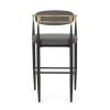 Set of 2, Gray Bar Stools with Black Iron Toothpick Style Leg Design, Gold Armrests, Iron Footrest & Curved Backrest