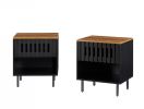 Set of 2 Nightstands with Grille Striped Slatted Drawer Design, Open Bottom Shelf and Metal Legs