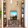 64” 6 Tier Corner Storage Cabinet Stand with Charging Stations, Built-In Wine Glass Rack and Iron Mesh Bottom Door