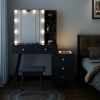 Black Vanity Set with Open Door Mirror Cabinet, 3 Tone Light Settings, 3 Cabinet Drawers, 2 Table Drawers and Stool