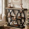 Rustic Rectangle Console Table with 4 Staggered Tiers, Geometric Black Metal Base and Adjustable Foot Pads