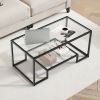 VEVOR Rectangle Coffee Table with Clear Tempered Glass, 2 Tier, Open Storage, and Black Metal Frame