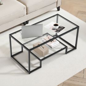 VEVOR Rectangle Coffee Table with Clear Tempered Glass, 2 Tier, Open Storage, and Black Metal Frame
