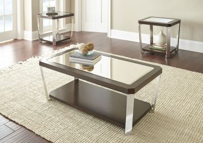 Rectangular Espresso Finish Coffee Table with Mirrored Top, Stainless Steel Canted Legs and Open Bottom Shelf