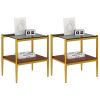 Set of 3, Coffee Table and 2 End Tables with Gray Tempered Glass, Open Bottom Shelves and Gold Legs