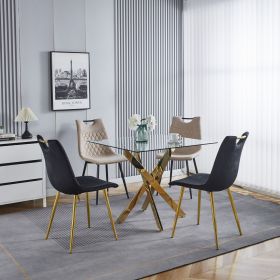 Dining Table with Square Clear Tempered Glass and Gold Cross Metal Legs