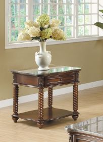 Traditional Formal Marble Top End Table with Spiral Turned Legs, Dovetail Drawer and Open Lower Shelf in Mahogany Finish
