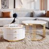 Modern 2 Piece White Round Nesting Coffee Table with 2 Drawers and Electroplated Gold Legs